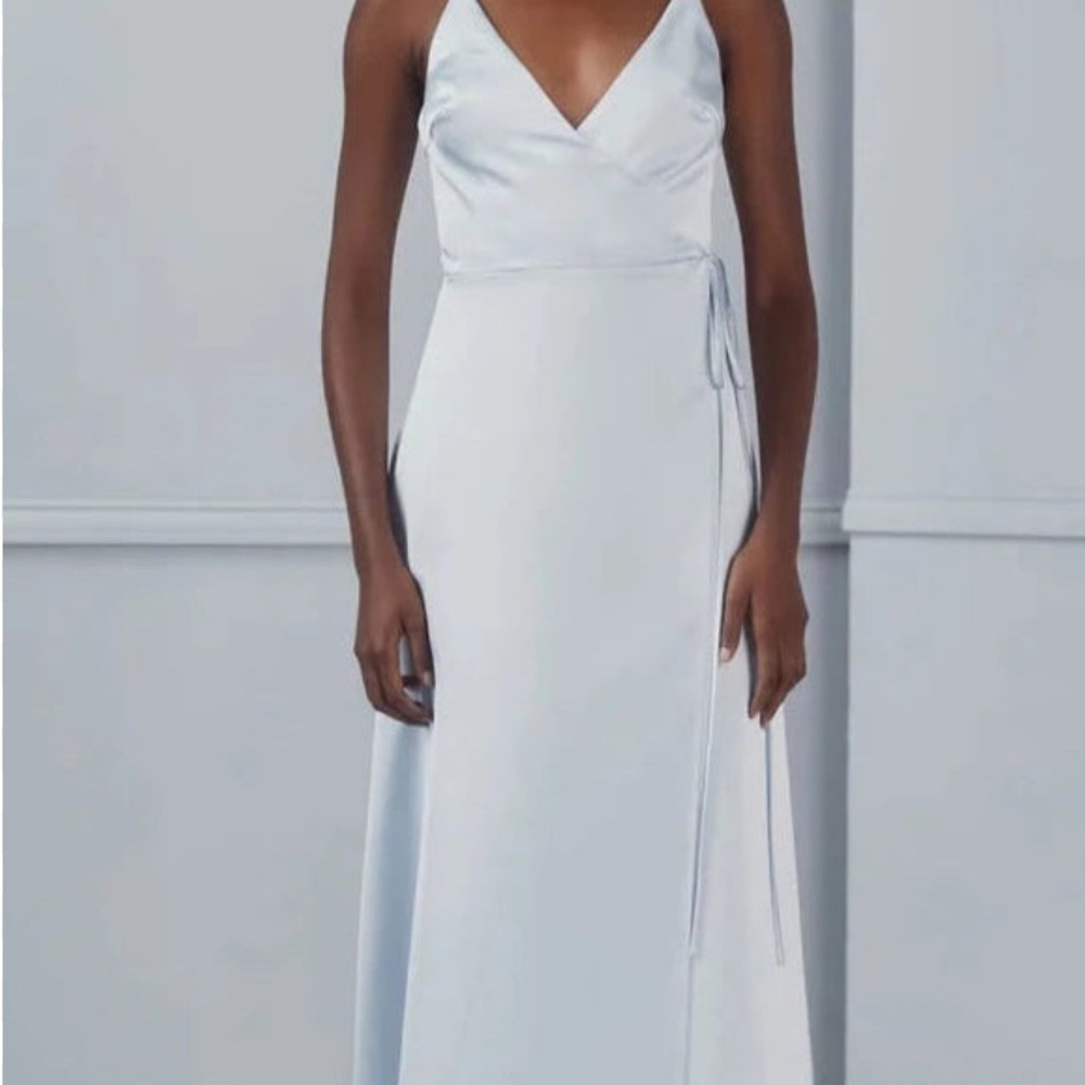 Amsale Bridesmaid Gracia Sz 10 Ice Blue Maxi Wrap Formal Dress